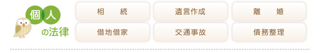 主な取り扱い分野/個人の法律、相続、遺言作成、離婚、借地借家、交通事故、債務整理